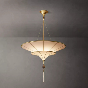 Moderner Zweistufiger Regenschirm-Kronleuchter aus Stahl und Massivmessing mit Glas-Pendelleuchte und Quasten für Wohn- und Esszimmer, Villa, Zuhause - Product Image 1