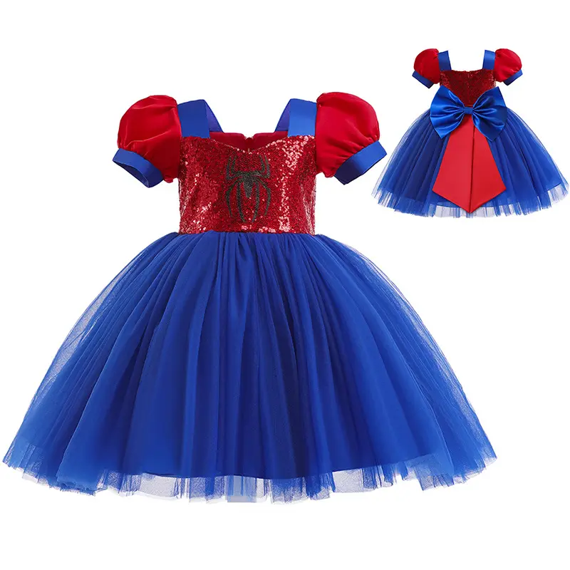 Girl Sequin Stitching Mesh Princess Bow Dress Children Carnival Spiderman Cos Dress Kids Halloween Costume