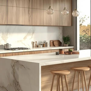 خزائن مطبخ حديثة صديقة للبيئة على شكل حرف L من الميلامين مع حوض وسلة أدراج وصنبور، قابلة للتخصيص حسب الحجم واللون - Product Image 2