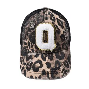 Q707 Ponytail Trucker Hat Mesh Baseball Cap Dad Hat Women Washed Distressed Cheetah Print Letter Patch Cross Caps