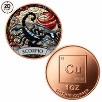 Pièce de monnaie en cuivre pur 999 de 1 oz, imprimée en couleur 2D sur mesure, pièce de collection du zodiaque, pièce commémorative, Scorpion teinté, vente en gros
