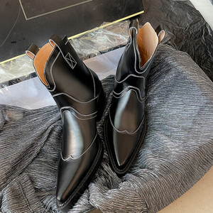 Cialisa-zapatos de diseñador de cuero genuino para mujer, <span class=keywords><strong>botas</strong></span> de tacón medio grueso con punta estrecha, botines de vaquero occidental, color blanco, Otoño e Invierno - Product Image 3