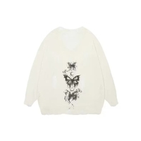 Pull à col en V imprimé papillon et effet usé |   Haut en tricot oversize décontracté - Style vintage, parfait pour la superposition et le streetwear