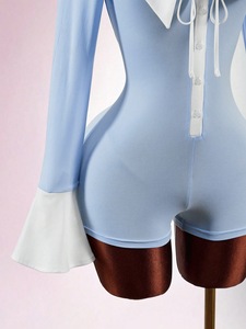 G02439C Combinaison décontractée pour femme, design à nœud et boutons contrastants, printemps 2026, col à revers, manches évasées, coupe ajustée, style sportswear - Product Image 6