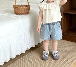 Conjunto de Ropa de Verano para Niña, Blusa con Cuello <span class=keywords><strong>Peter</strong></span> <span class=keywords><strong>Pan</strong></span> y Estampado de Lunares, Pantalones Cortos de Mezclilla con Estampado de Estrellas - Product Image 5