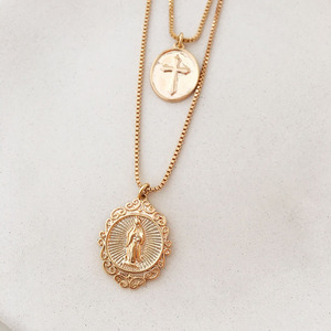 Colar de pingente virgin maria, joias religiosas, cruz, colar duplo - Product Image 2