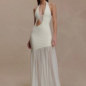 Vestidos de cóctel elegantes y modernos con cuello halter en V para mujer, largos hasta el suelo, sexys, con aberturas y espalda descubierta, para fiesta - Product Image 1