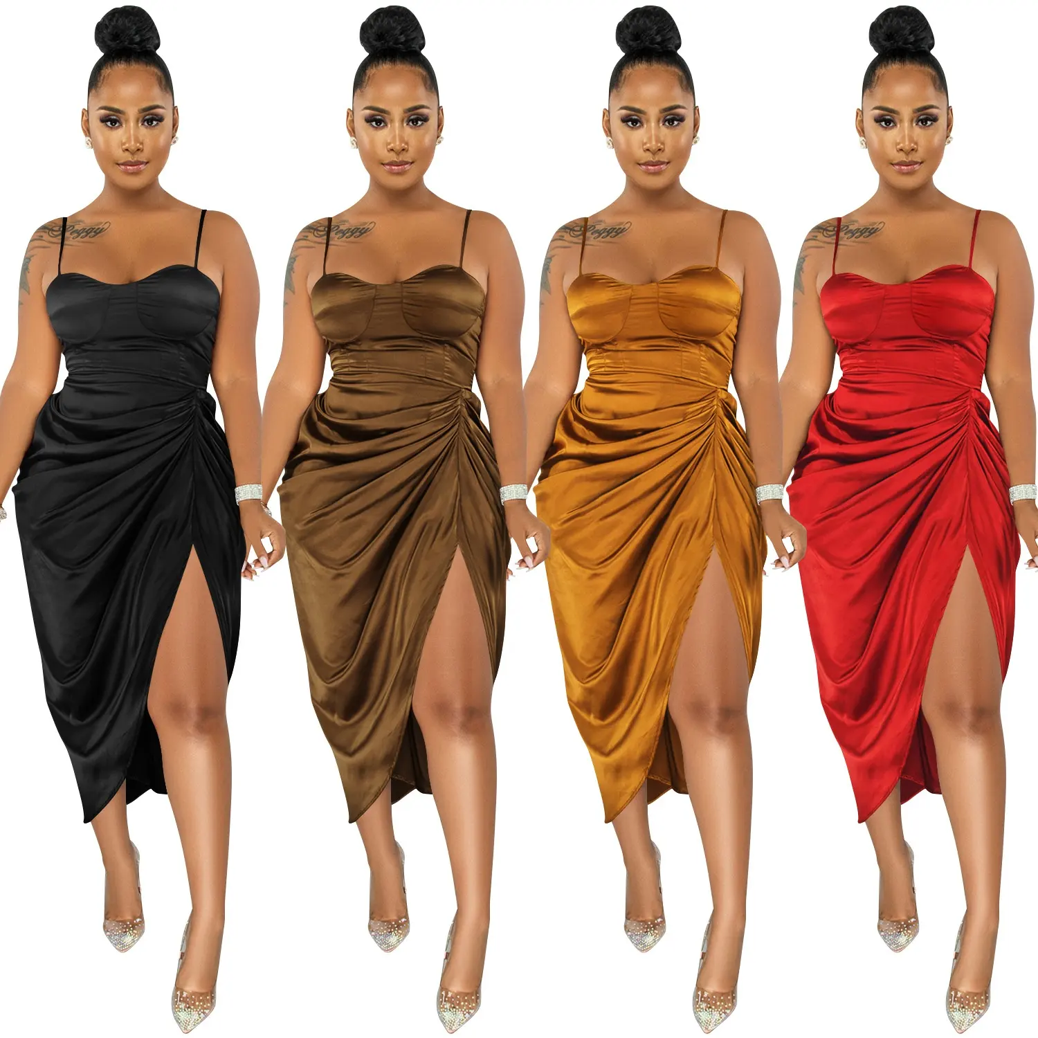 2022 Hot Style Lady Sexy Sleeveless Spaghetti Strap Dresses Women Elegant High Split Bodycon Evening Party Night Club Dress