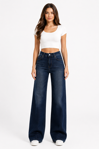 Jean en denim taille haute pour femme, coupe ample, jambe large, délavage foncé, longueur intégrale, style décontracté, en tissu de coton respirant - Product Image 1