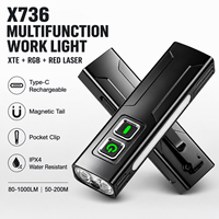 Linterna LED Multifunción X736 de Aleación de Aluminio IP44 con Luz Ambiental RGB, Puntero Láser Rojo, Base Magnética y Recargable Tipo-C