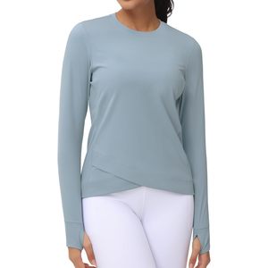 Women's Long Sleeve Compression Shirt Cross Hem Fitted Athletic Workout Top Yoga Running T-Shirt With Thumb Hole - Product Image 3