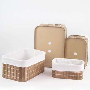 Precio barato hecho a mano grande rectangular de bambú natural almacenamiento tejido de cesta con forro de algodón conjunto de 3 - Product Image 5