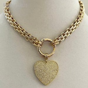 NM44338 Chunky Multilink Mosquetón Collar Brillante Chapado en Oro Texturizado Cadena Collar Micro Pave Corazón Colgante Primavera Cierre - Product Image 2