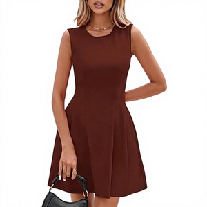 Vestido Mini sin Mangas con Cuello Redondo, Corte en A, Color Sólido, Ajustado, Informal, para Uso Diario, Tejido de Poliéster Transpirable, Delgado - Product Image 1