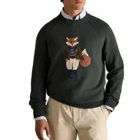 Pull en tricot pour homme confortable, col rond, vert foncé, avec logo jacquard sur le devant, pour l'hiver
