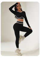Ensemble de vêtements de sport pour femmes, haut de yoga à manches longues avec bordure rayée personnalisée et leggings taille haute, 2 pièces
