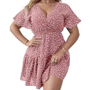 Summer V Neck Tunic Polka Dot Floral Elegant Casual Ruffle Ruched Maxi Plus Size Women's Shirt Dresses