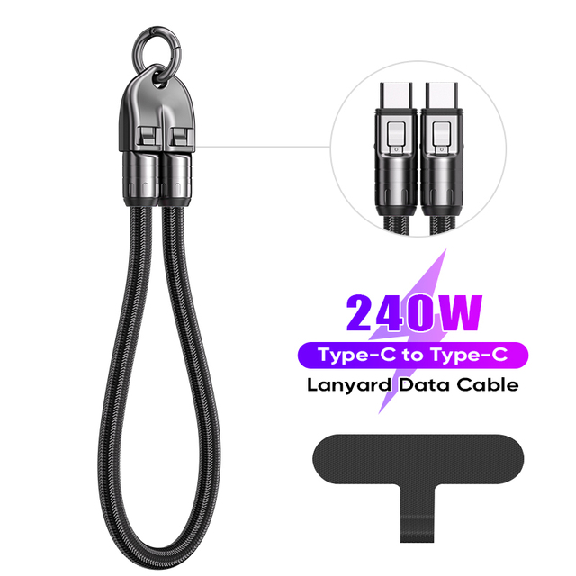Portable Nylon Wrist Phone Lanyard 240W Braided Fast Charging Data Cord USB C to C Cable TPE Snap Buckle Phone Mobile Phone