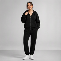 Sudadera con capucha negra de algodón grueso con cremallera completa, logotipo personalizado, hombros caídos, estilo oversize, bolsillo canguro y puños acanalados.