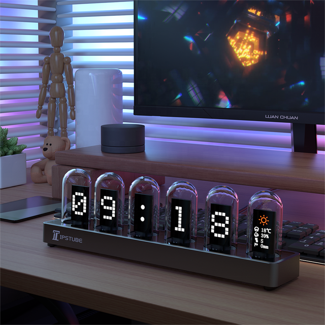 Metal Table Clocks APP Smart Nixie Tube Digital Wifi Clock with Colorful Lighting IPS Smart Night Light