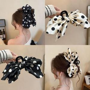 Pinza para el pelo de satén con lazo de lunares grande de 14 CM, elegante, informal, en blanco y negro, de alta calidad para mujer - Product Image 3