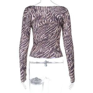 <span class=keywords><strong>Camiseta</strong></span> con estampado de <span class=keywords><strong>cebra</strong></span> y hombros descubiertos para <span class=keywords><strong>mujer</strong></span>, de manga larga, ajustada, a rayas, estilo urbano, top corto - Product Image 5