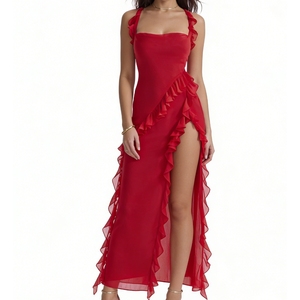 Vestido Maxi Elegante y Romántico para Mujer con Volantes, Tirantes Finos y Abertura Alta - Moda - Product Image 3