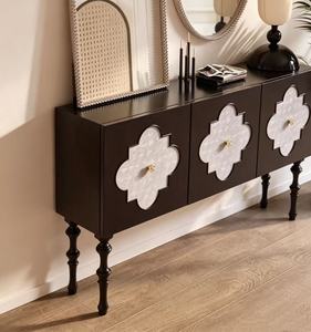 Premium Quatrefoil Inlay Wooden <b>Sideboard</b> 3-Door Large <b>Storage</b> Turned Leg Vintage Credenza For Living Room Dining Room - Product Image 2