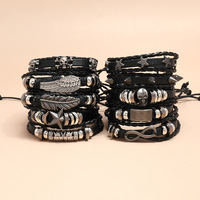 Bracelet en cuir tressé style punk vintage, lot de 10 bracelets tendance avec accessoires plumes et croix pour homme