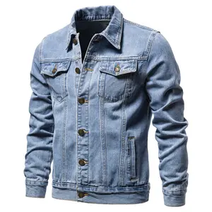 Oem azul claro jaqueta jeans de manga comprida, alta qualidade, ar livre, tamanho grande