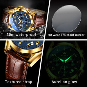 Relojes de Cuarzo OLEVS 2890 de Oferta, Deportivos e Impermeables para Hombre, OEM con Números Arábigos, Fase Lunar y Cronógrafo Dorado - Product Image 6