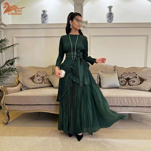Setelan Blus dan Rok Panjang Lipit dengan Potongan Tidak Beraturan Berkualitas Tinggi, Gaun Pesta Warna Solid Elegan untuk Wanita Muslim Dubai dengan Sabuk - Product Image 1