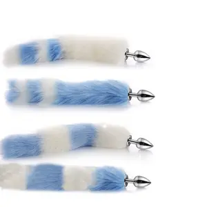 Blue Real Fox Tail Metal Stainless Steel Anal Butt Plug Insert Anus Adult  Toy