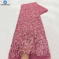 Dentelle africaine Sinya 3D à fleurs, applique de luxe de haute qualité avec sequins rose poudré, tissu en dentelle perlée fait main pour robe femme, 5 yards