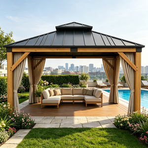 Gazebo à double étage en bois de cèdre naturel <span class=keywords><strong>avec</strong></span> rideaux d'intimité, toit en acier galvanisé, pavillon extérieur - Product Image 1