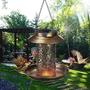 太阳能鸟喂食器，重型金属悬挂野鸟喂食器，用于花园庭院户外，独特的灯笼形状装饰礼品