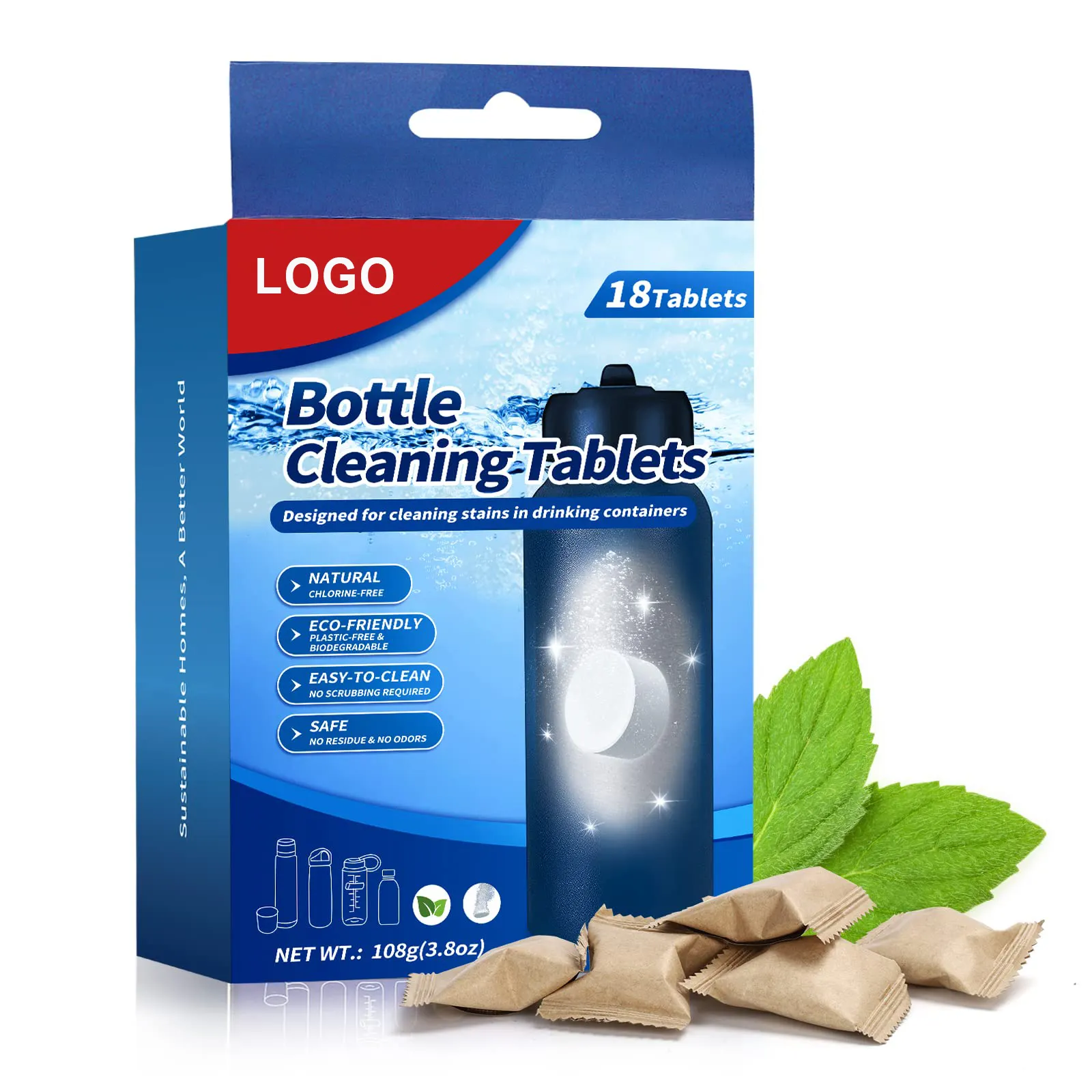 Proveedor de tabletas limpiadoras de botellas de agua con etiqueta privada personalizada, elimina olores, tabletas descalcificadoras de agua de acción rápida