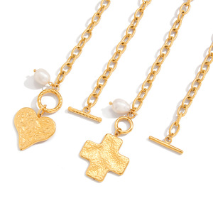 Stainless Steel <b>Hammered</b> Cross Heart Pendant Necklace With Freshwater Pearl Charm For Women Gift Jewelry - Product Image 5