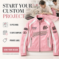 Blouson en cuir de course personnalisé pour homme, rose, style pilote, avec rayures blanches et drapeau à carreaux, patch chenille, fabrication OEM, marque privée