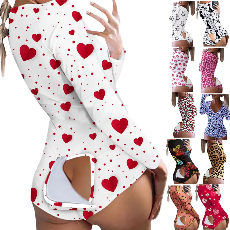 Pijama de una pieza de manga larga para mujer, ropa de dormir de una pieza, con pantalones largos y estampado personalizado, para primavera y San Valentín