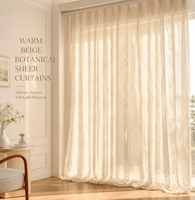Voilages Jacquard Beige Chaud à Motifs Botaniques Délicats Feuilles et Vignes, Translucides pour Salon
