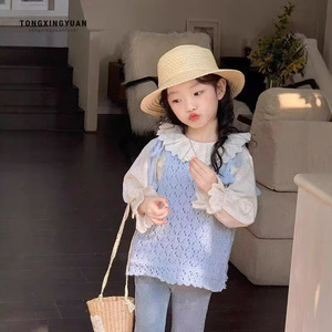 Girls Spring Outfit Blue Knit Vest White Ruffle Shirt Jeans Set Cotton Children's Clothing - Product Image 1