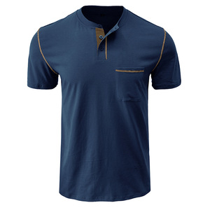 2024 verano transfronterizo europeo americano hombres manga corta sólido Anti-pilling cuello en V Regular Fit poliéster/algodón Henry camisa - Product Image 3