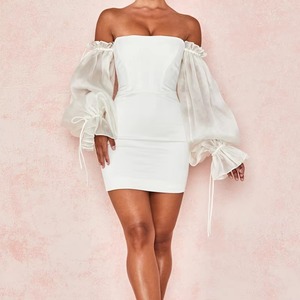 176 blanc et noir élasthanne épaules dénudées organza manches bouffantes mini <span class=keywords><strong>robe</strong></span> femmes tenue décontractée vêtements <span class=keywords><strong>voile</strong></span> <span class=keywords><strong>robe</strong></span> de soirée - Product Image 6