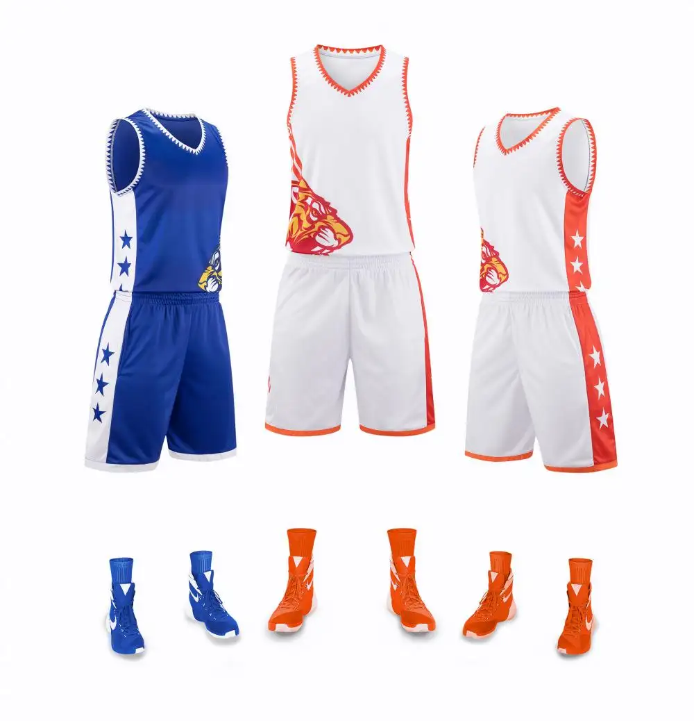 タイガーヘッドパターンのカスタマイズ可能なバスケットボールスーツポリエステル繊維素材通気性と快適なバスケットボールスポーツセット