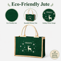 Sac fourre-tout en toile de jute naturelle écologique, imprimé rennes givrés pour les fêtes d'hiver, sac de courses réutilisable, logo personnalisé OEM