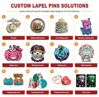 Badge en émail souple personnalisé DCM Factory, broche avec logo d'entreprise de dessin animé/anime, avec fermoir papillon, badges de revers en métal personnalisés