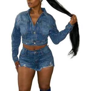 Ensemble Denim Personnalisé 2026 : Veste Courte à Manches Longues et Short Pailleté Effet Vieilli Uni pour Femme - Product Image 4