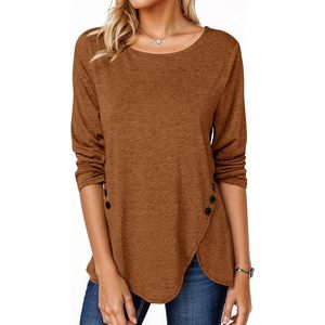 Fisoew Camisa informal de manga larga para mujer, cuello redondo, botones laterales, camisa asimétrica de punto, uso diario - Product Image 1