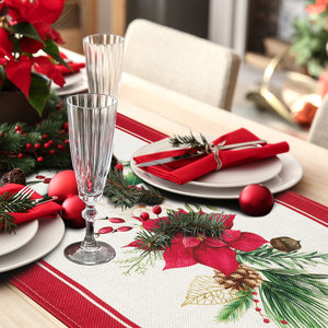 Runner da Tavola Rosso Natalizio con Rami di Pino, Bacche Rosse e Pigne, Decorazione per <span class=keywords><strong>Cucina</strong></span>, Sala da Pranzo, Casa e Feste - Product Image 4